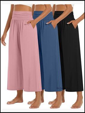 3 Pack Wide Leg Pants High Waist Loose Casual Capri with Pockets